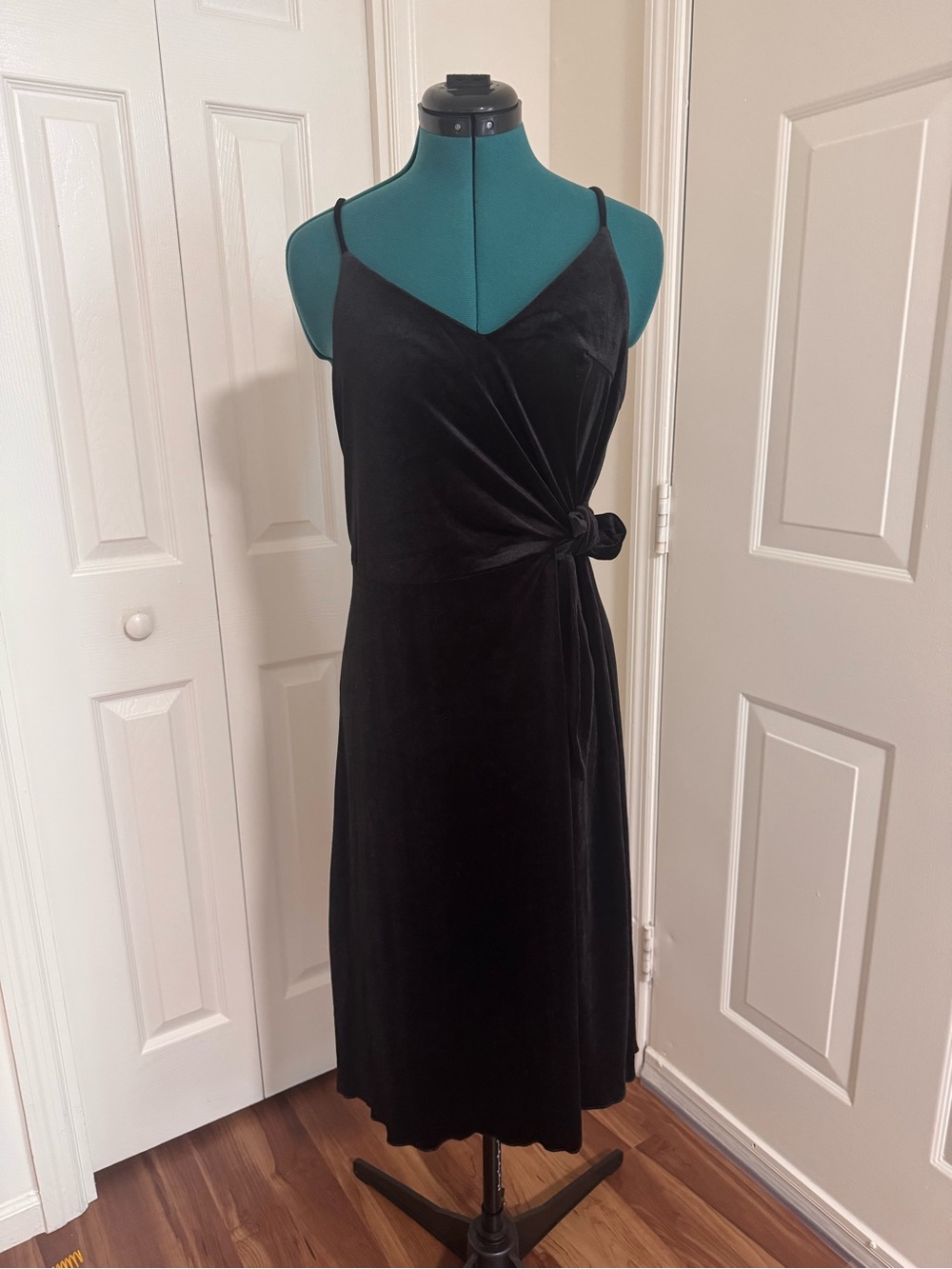 Black Velvet Wrap Midi Dress with Side Knot